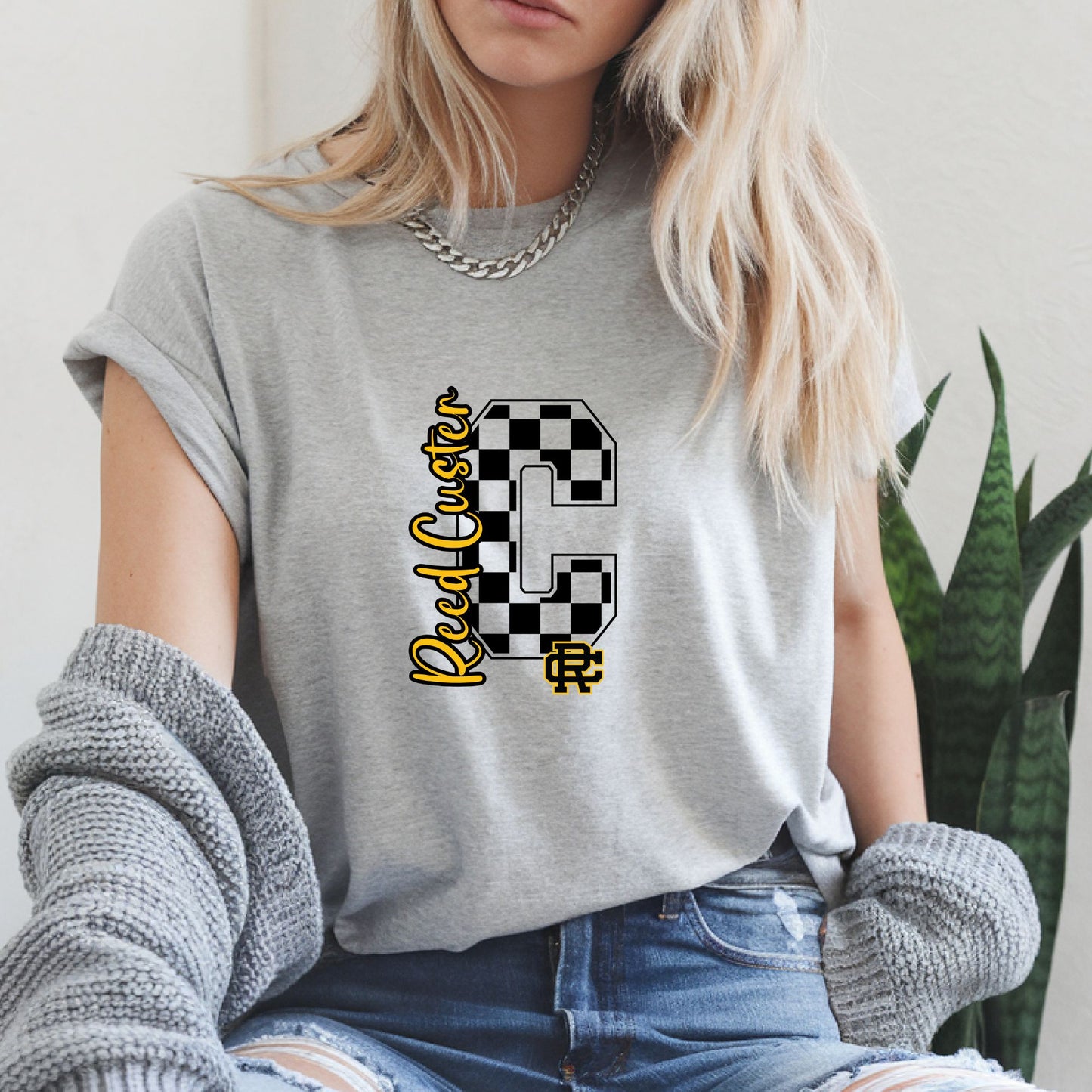 Reed Custer Checker Comets Spirit Wear - Sweatshirt or Tshirt - Gildan - Ash Gray, White or Sand