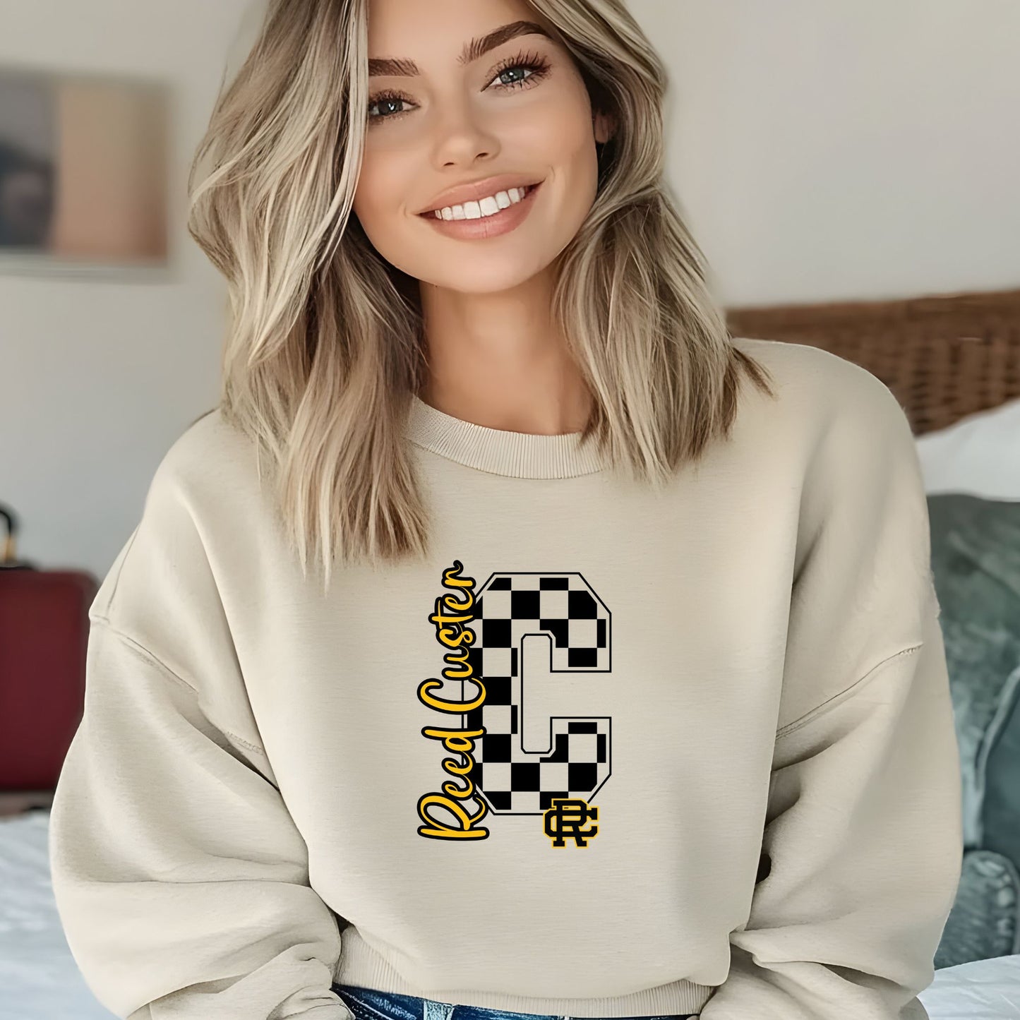 Reed Custer Checker Comets Spirit Wear - Sweatshirt or Tshirt - Gildan - Ash Gray, White or Sand