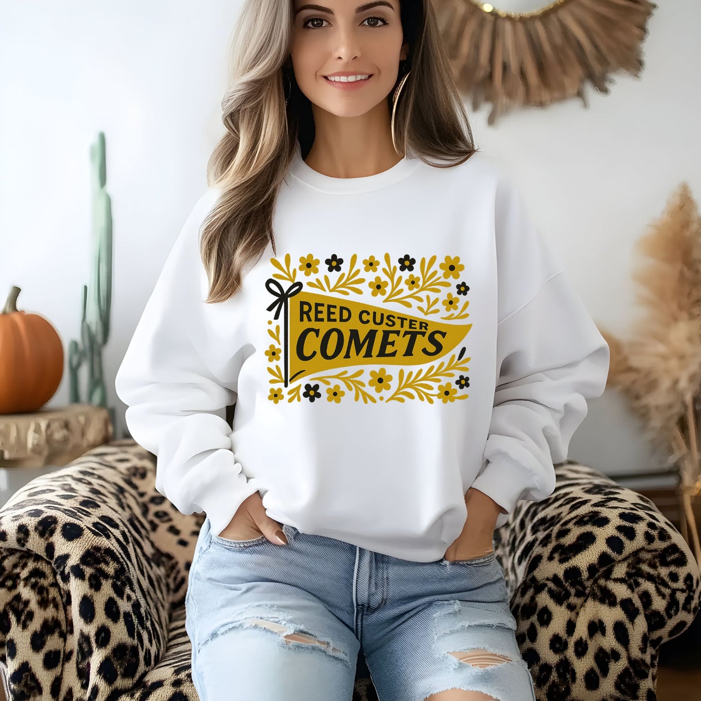 Reed Custer Spirit Wear - Black and Gold Comets Pennant - Sweatshirt or Tshirt - Ash, Sand or White