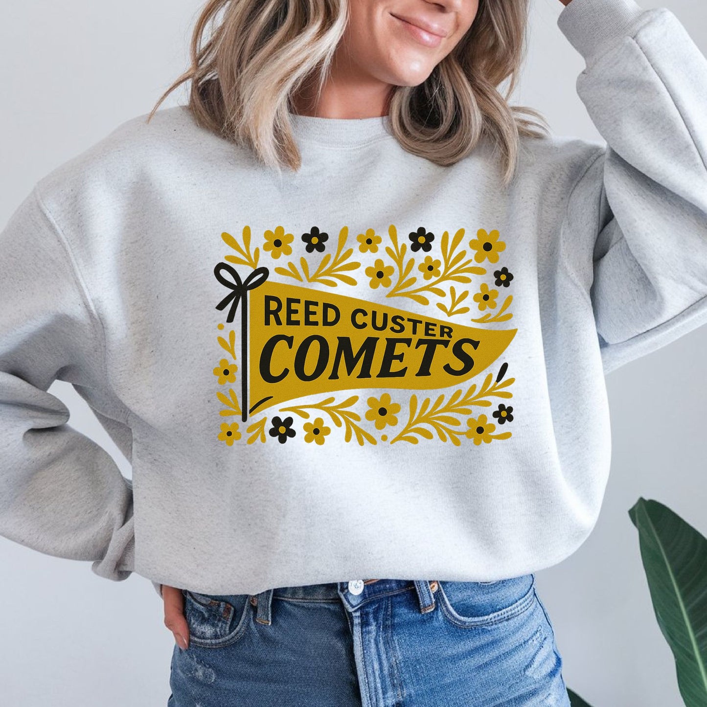 Reed Custer Spirit Wear - Black and Gold Comets Pennant - Sweatshirt or Tshirt - Ash, Sand or White