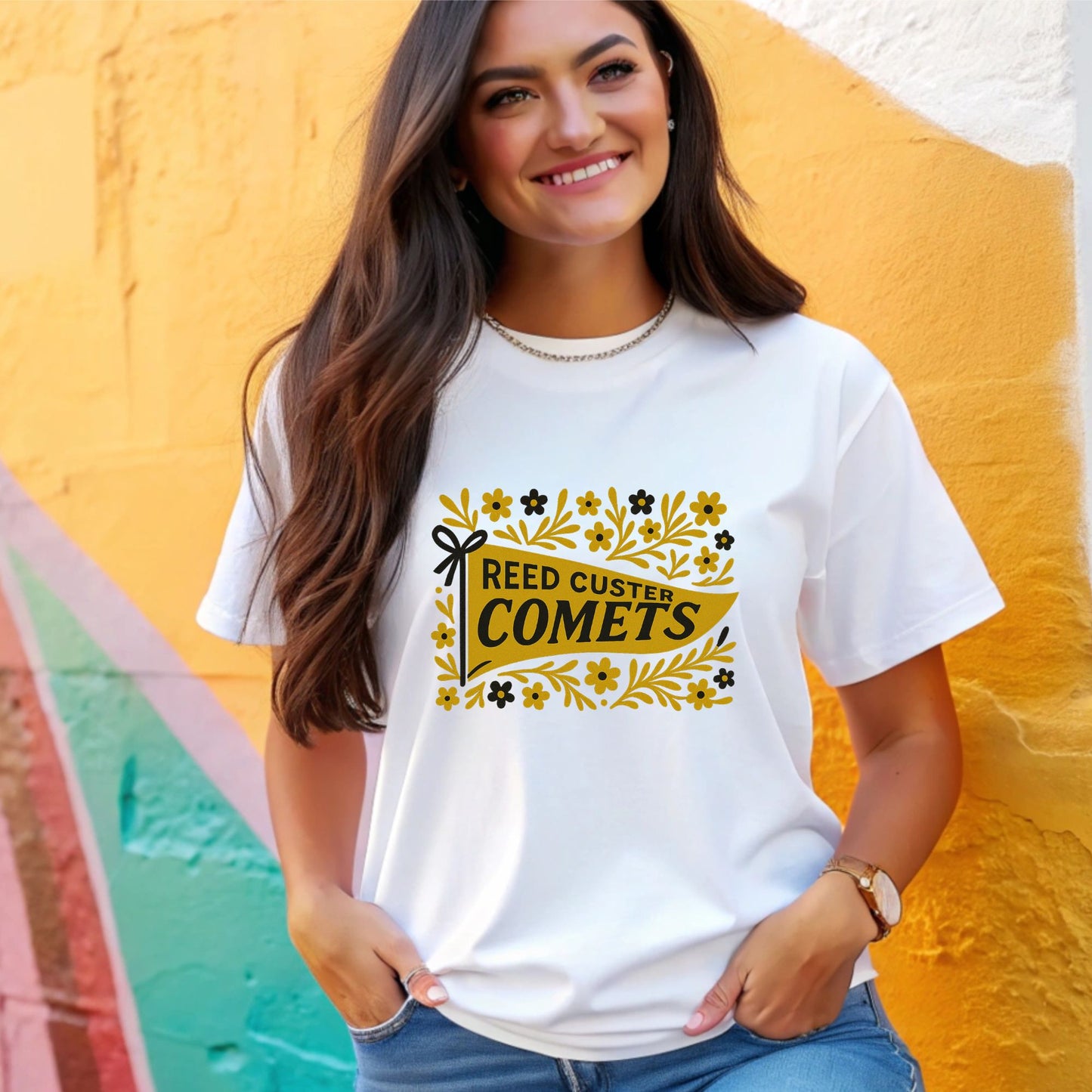 Reed Custer Spirit Wear - Black and Gold Comets Pennant - Sweatshirt or Tshirt - Ash, Sand or White