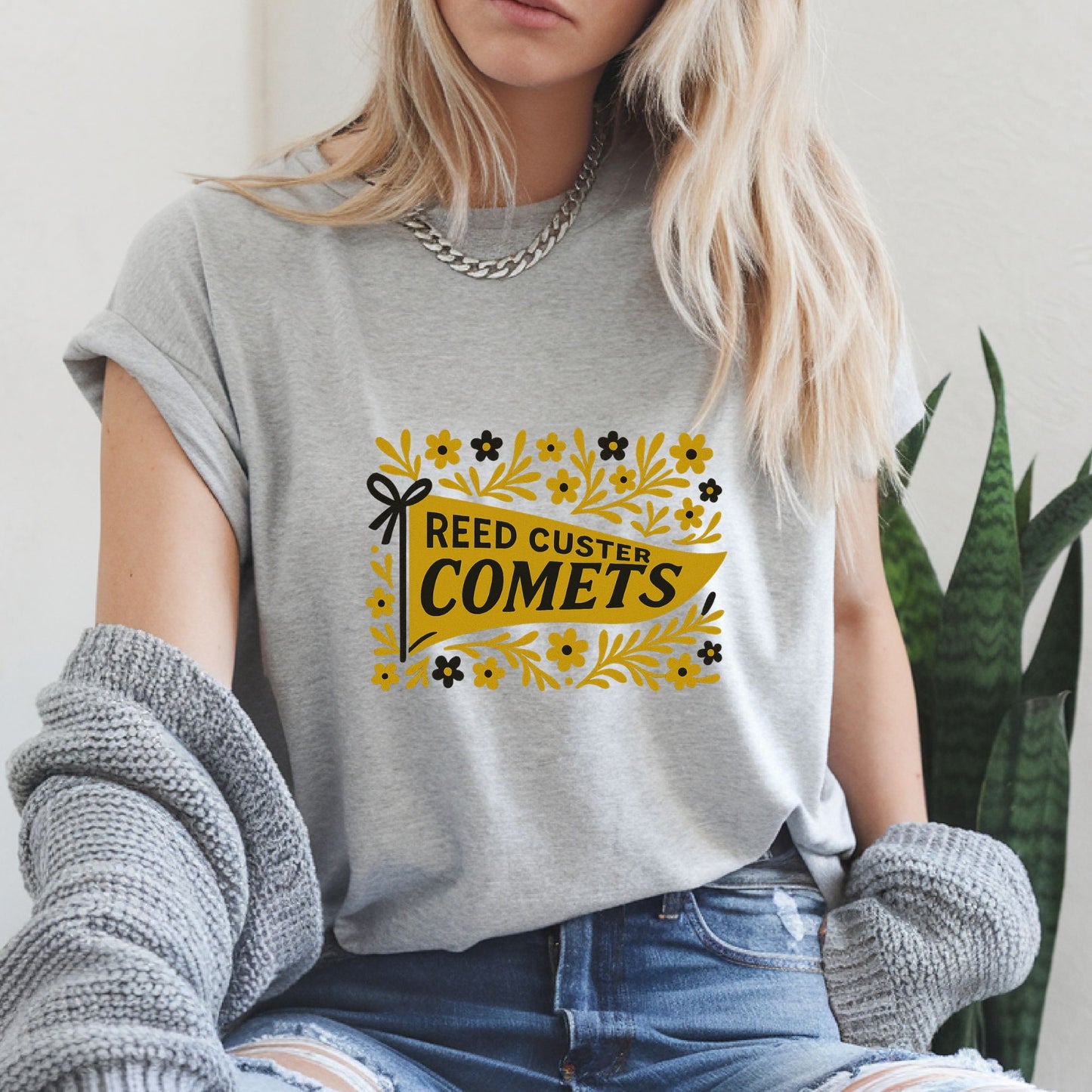 Reed Custer Spirit Wear - Black and Gold Comets Pennant - Sweatshirt or Tshirt - Ash, Sand or White