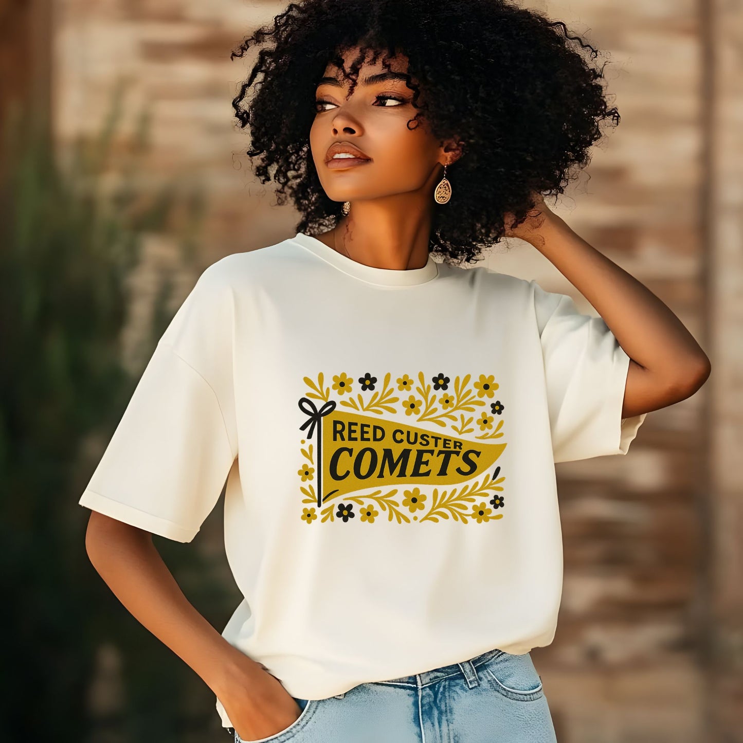 Reed Custer Spirit Wear - Black and Gold Comets Pennant - Sweatshirt or Tshirt - Ash, Sand or White