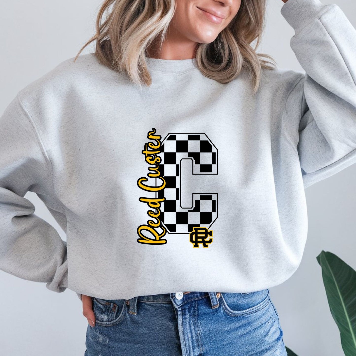 Reed Custer Checker Comets Spirit Wear - Sweatshirt or Tshirt - Gildan - Ash Gray, White or Sand
