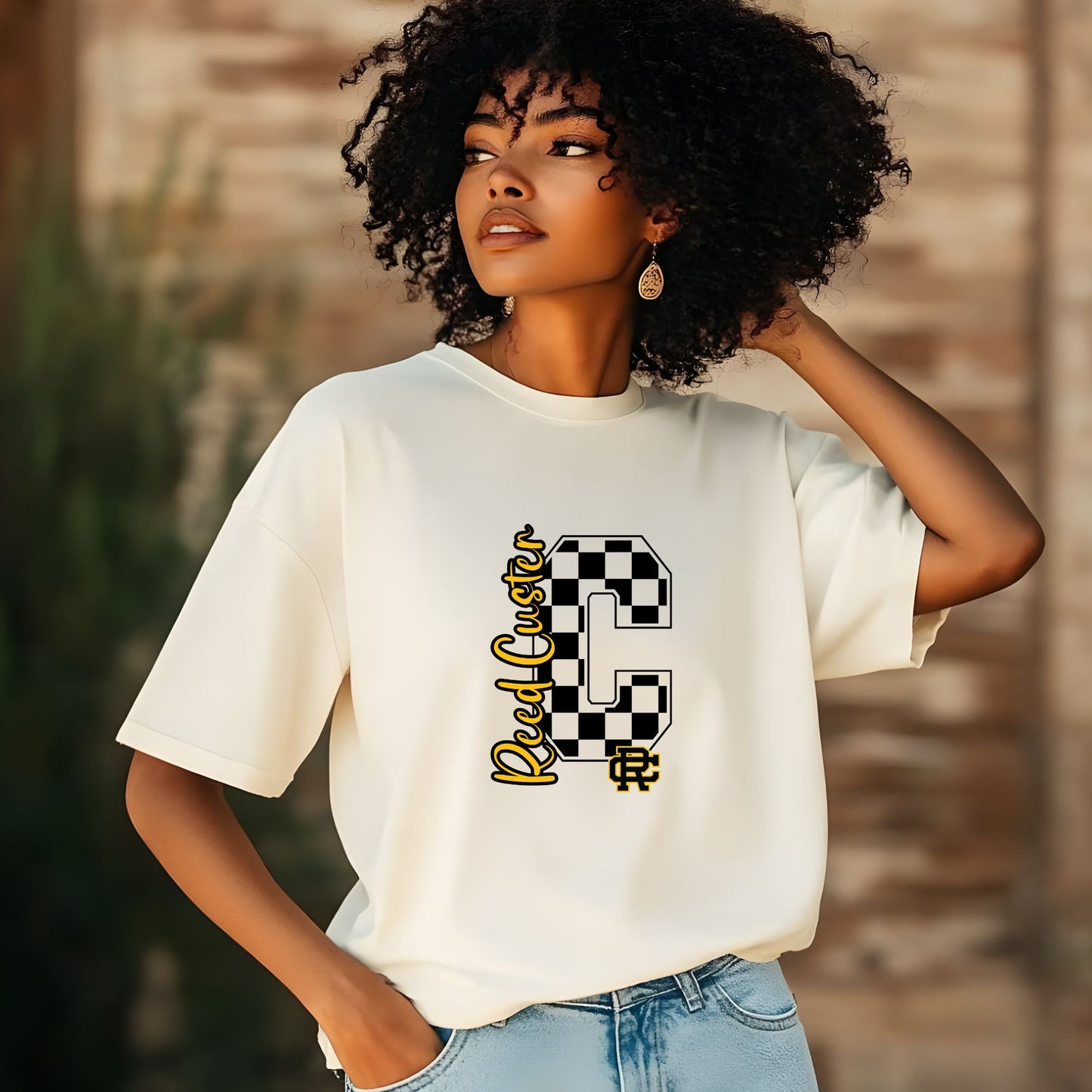 Reed Custer Checker Comets Spirit Wear - Sweatshirt or Tshirt - Gildan - Ash Gray, White or Sand