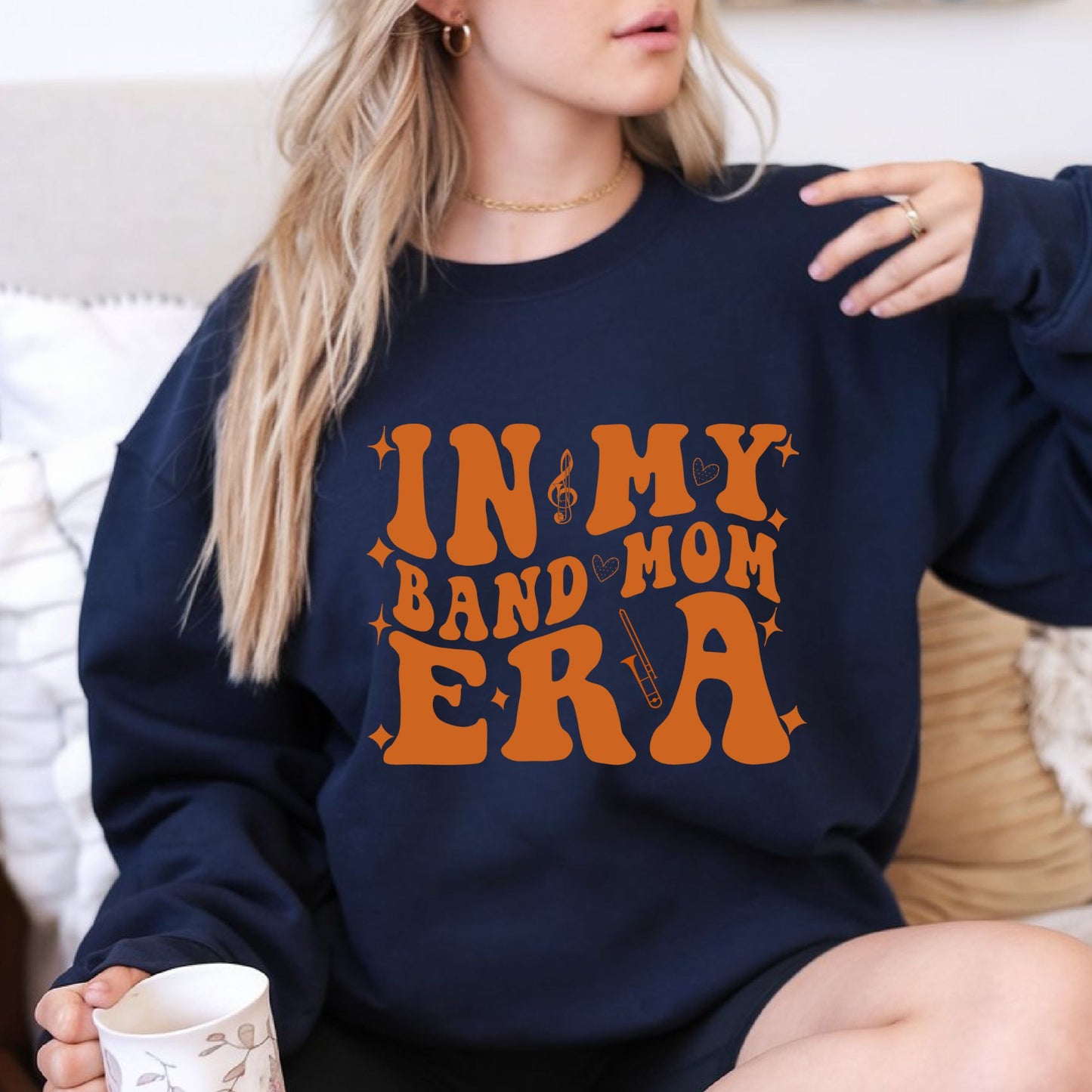 Navy Gildan Crewneck SweatShirt or Tshirt - Band Mom Era - Choose your instrument - Navy Blue and Orange - All Sizes