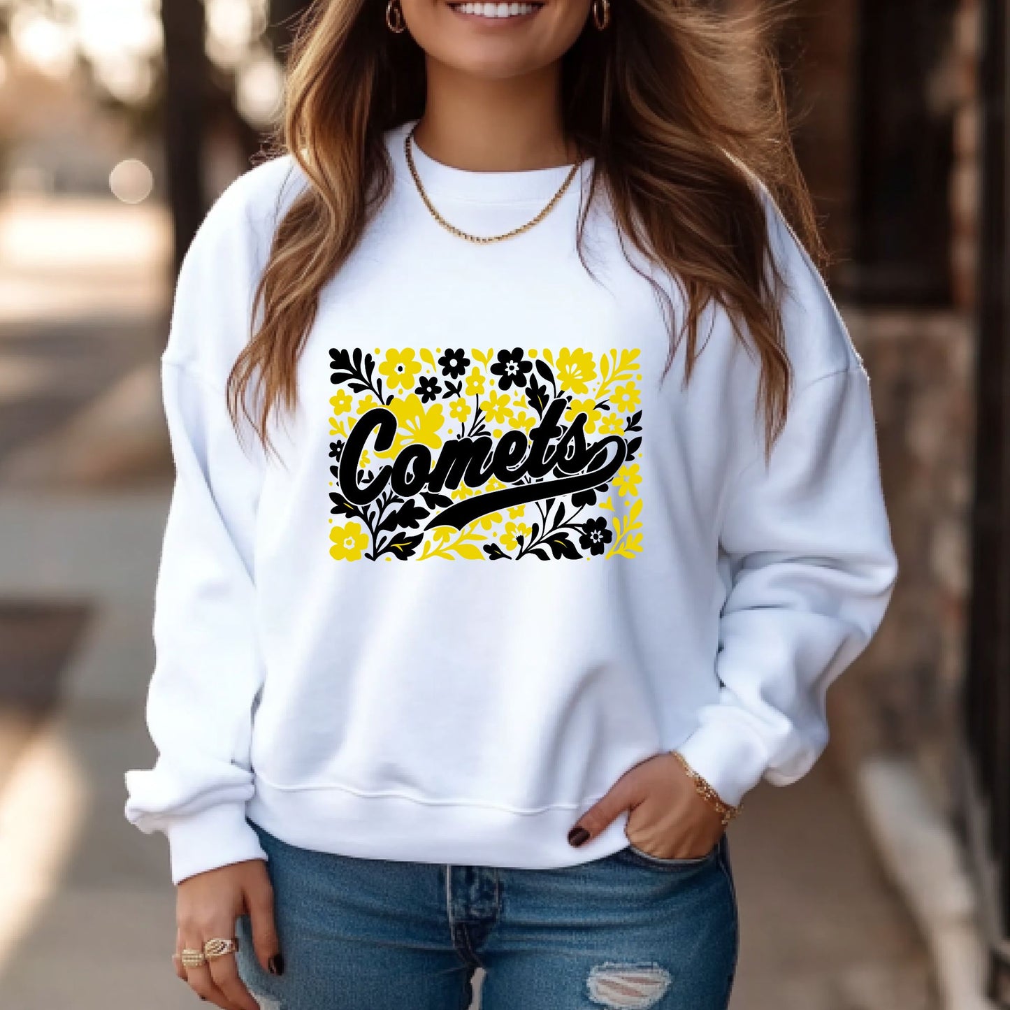 Comets Floral Spirit Wear in Gildan Sweatshirt - White or Gray - Adult and Youth Sizes