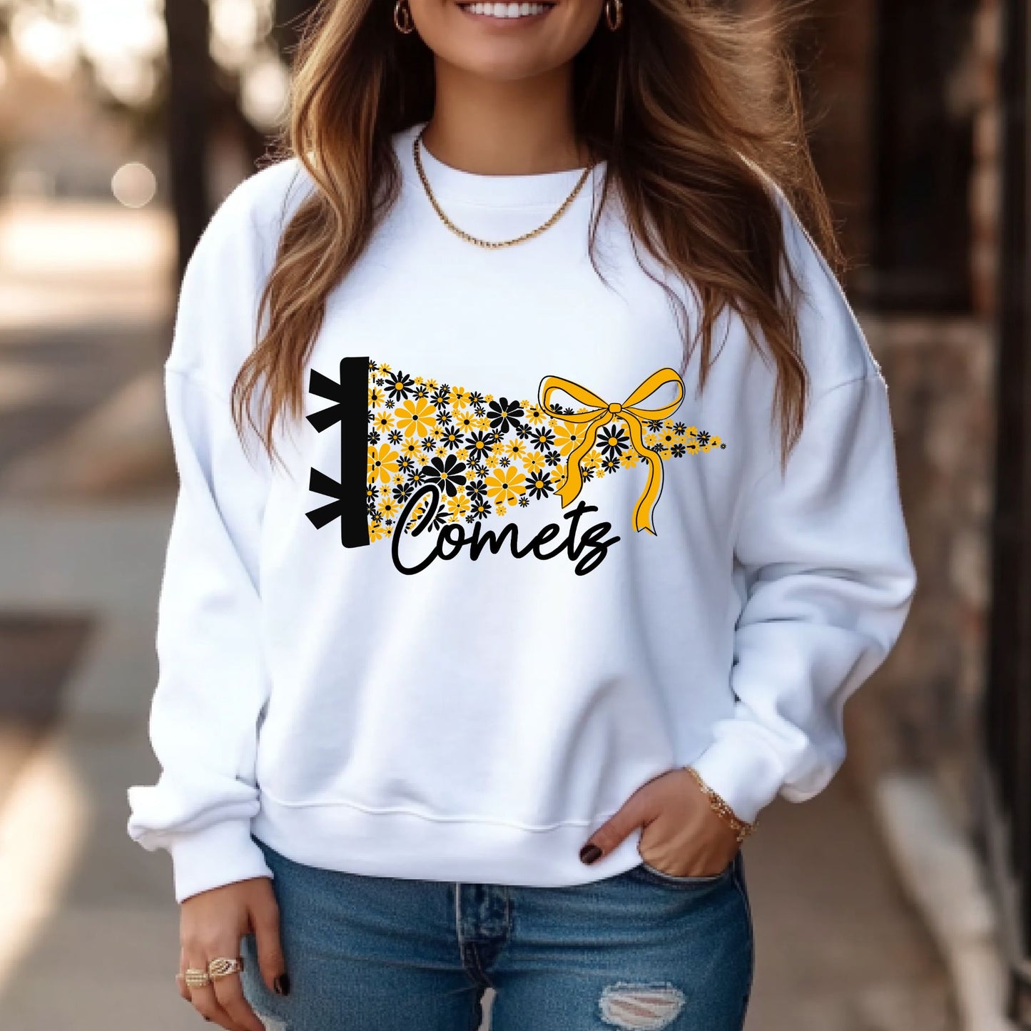 White or Gray Reed Custer Comets Floral Pennant - Gildan Crewneck - all sizes