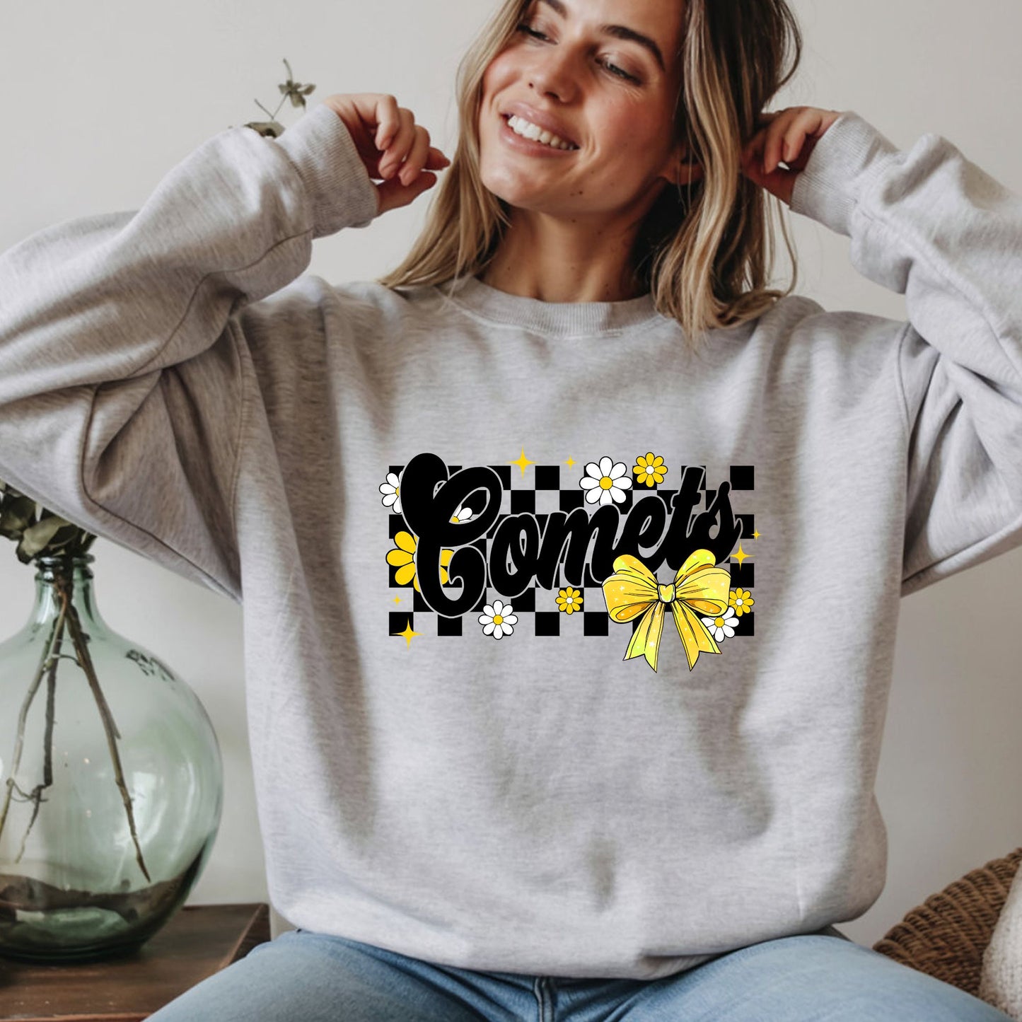 Comet Checker and Bows Spirit Wear - White or Gray Gildan Sweatshirt