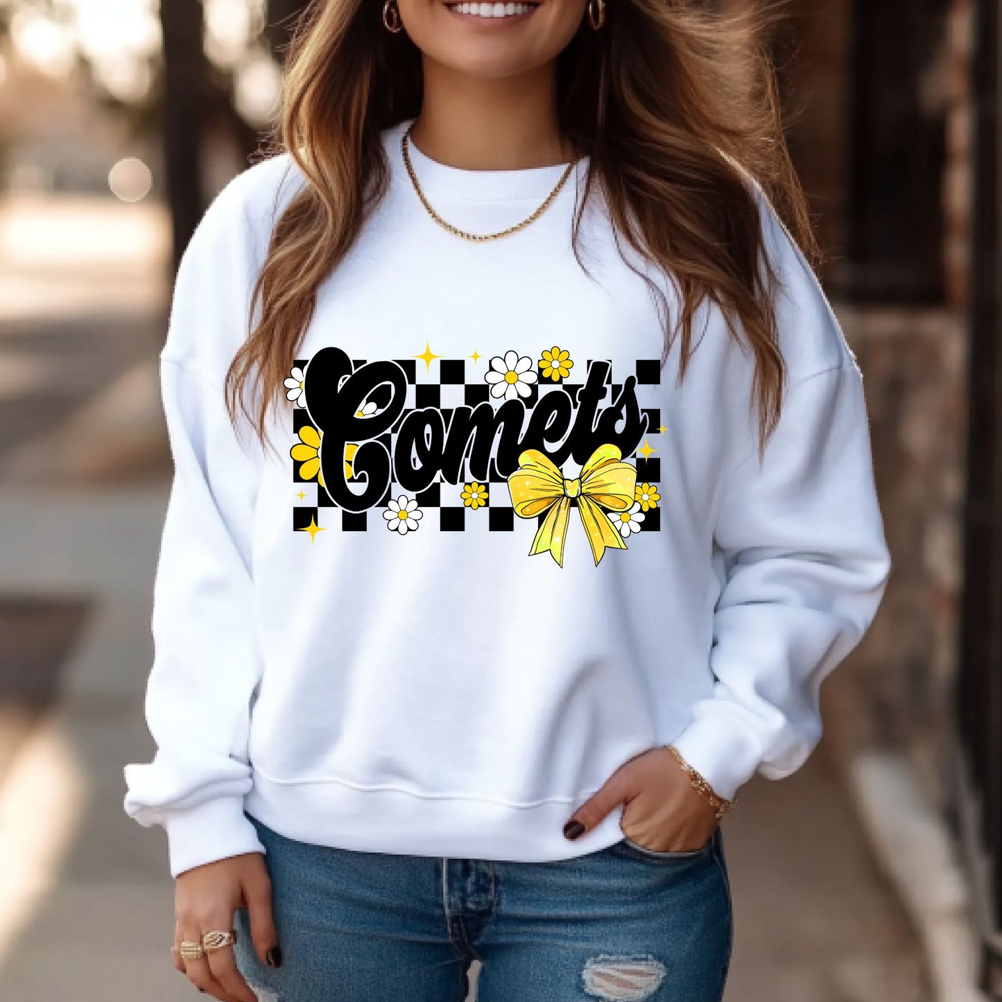Comet Checker and Bows Spirit Wear - White or Gray Gildan Sweatshirt