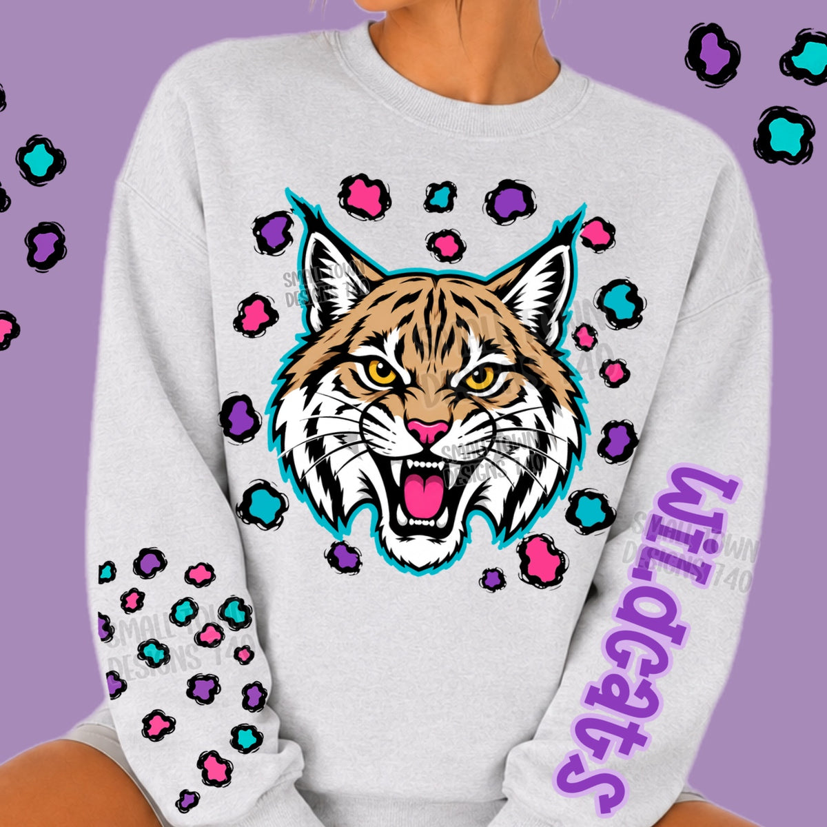 Wildcats Spiritwear with Neon Leopard Print - White Gildan Sweatshirt