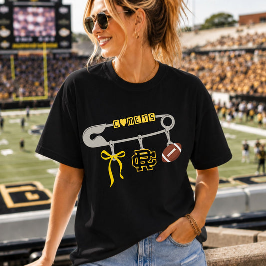 Comets Safety Pin Design - Black Gildan Tshirt -Choose from Football, Volleyball,  Basketball or Soccer