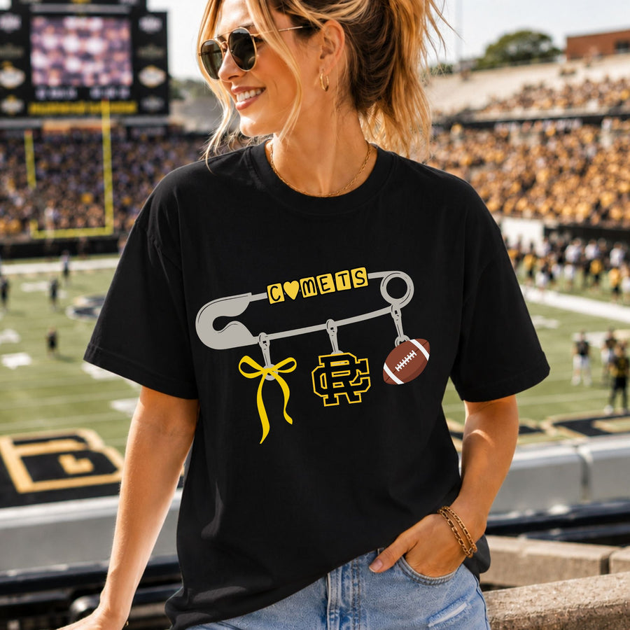 Comets Safety Pin Design - Black Gildan Tshirt -Choose from Football, Volleyball or Basketball