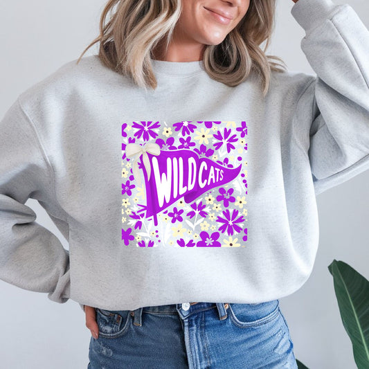 Wilmington Wildcats Floral Pennant Spirit Wear - Ash Gray Gildan Sweatshirt