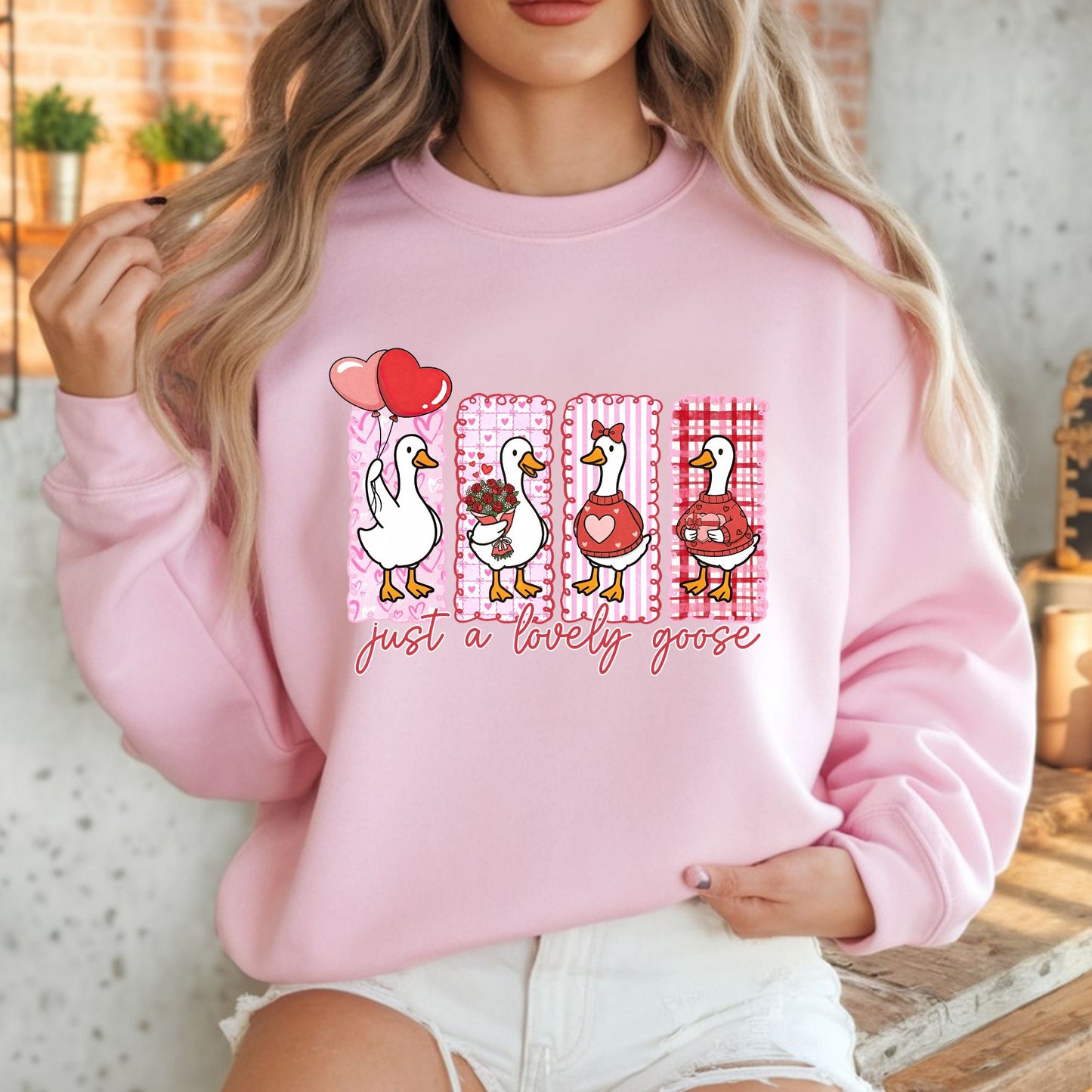 White or Pink Gildan Sweatshirt Goose Love - Just a Lovely Goose