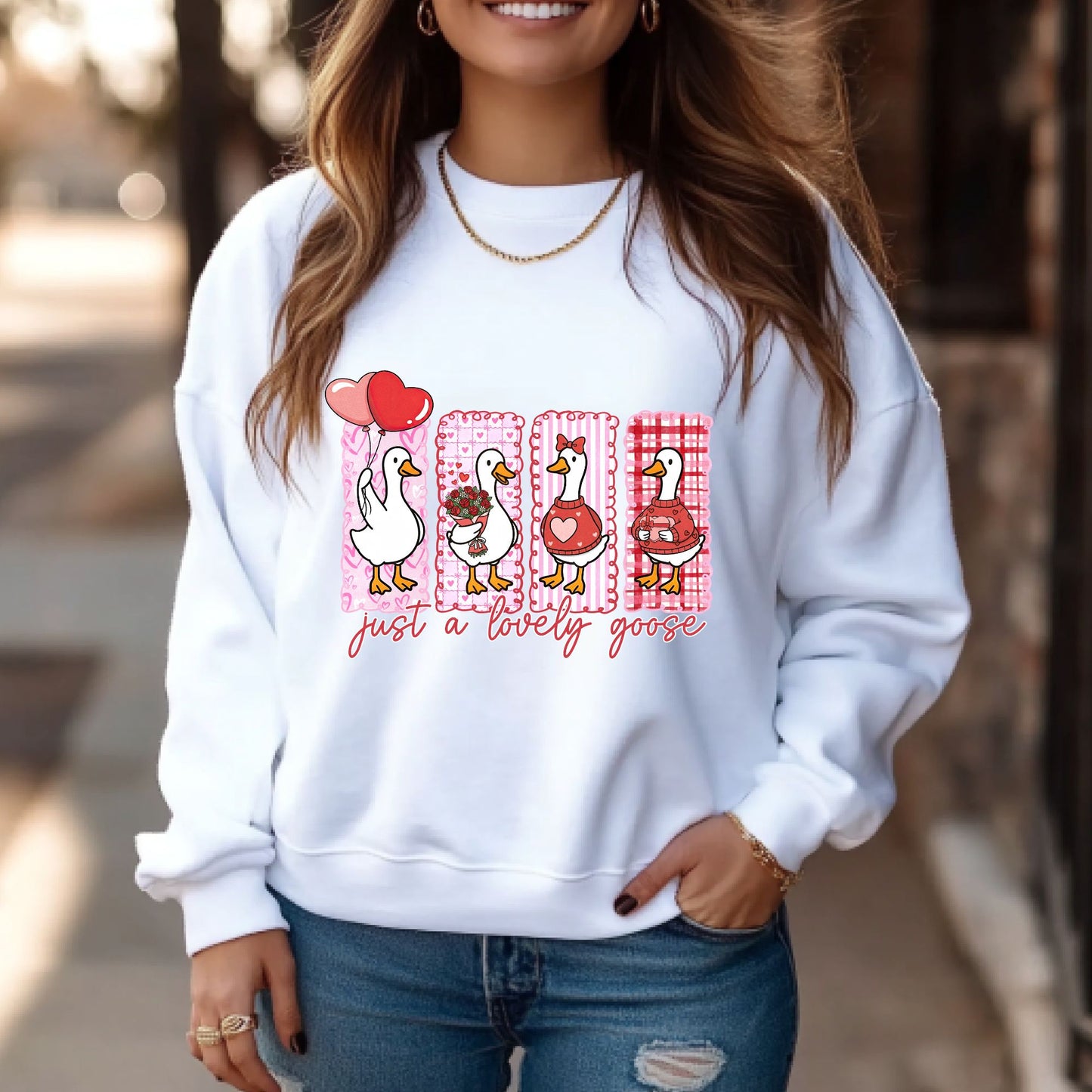 White or Pink Gildan Sweatshirt Goose Love - Just a Lovely Goose