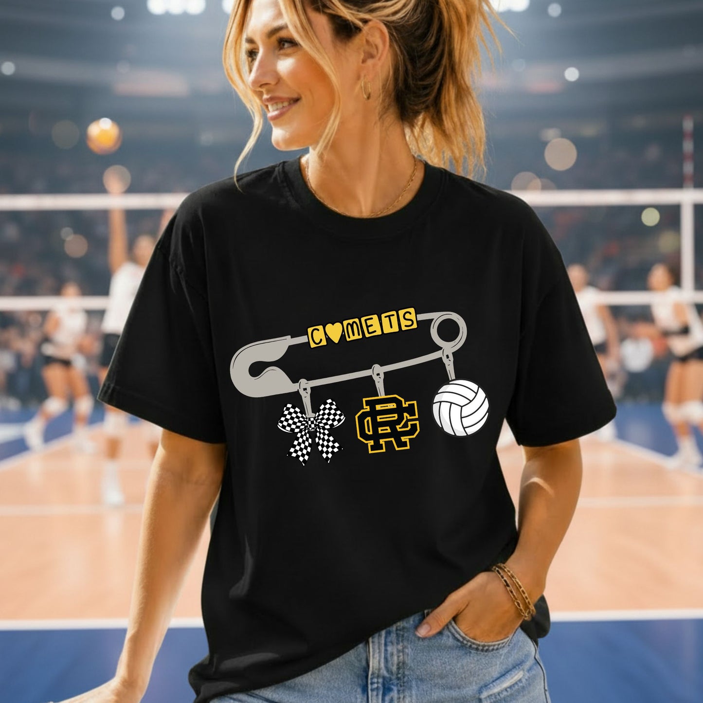 Comets Safety Pin Design - Black Gildan Tshirt -Choose from Football, Volleyball or Basketball