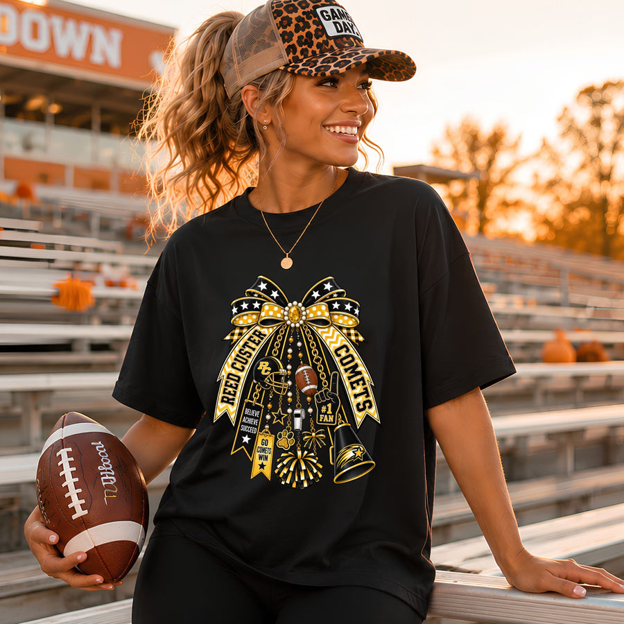 Reed Custer Comets Football Ribbon Spiritwear - Black Gildan Tshirt or Sweatshirt - Adult and Kid Sizes