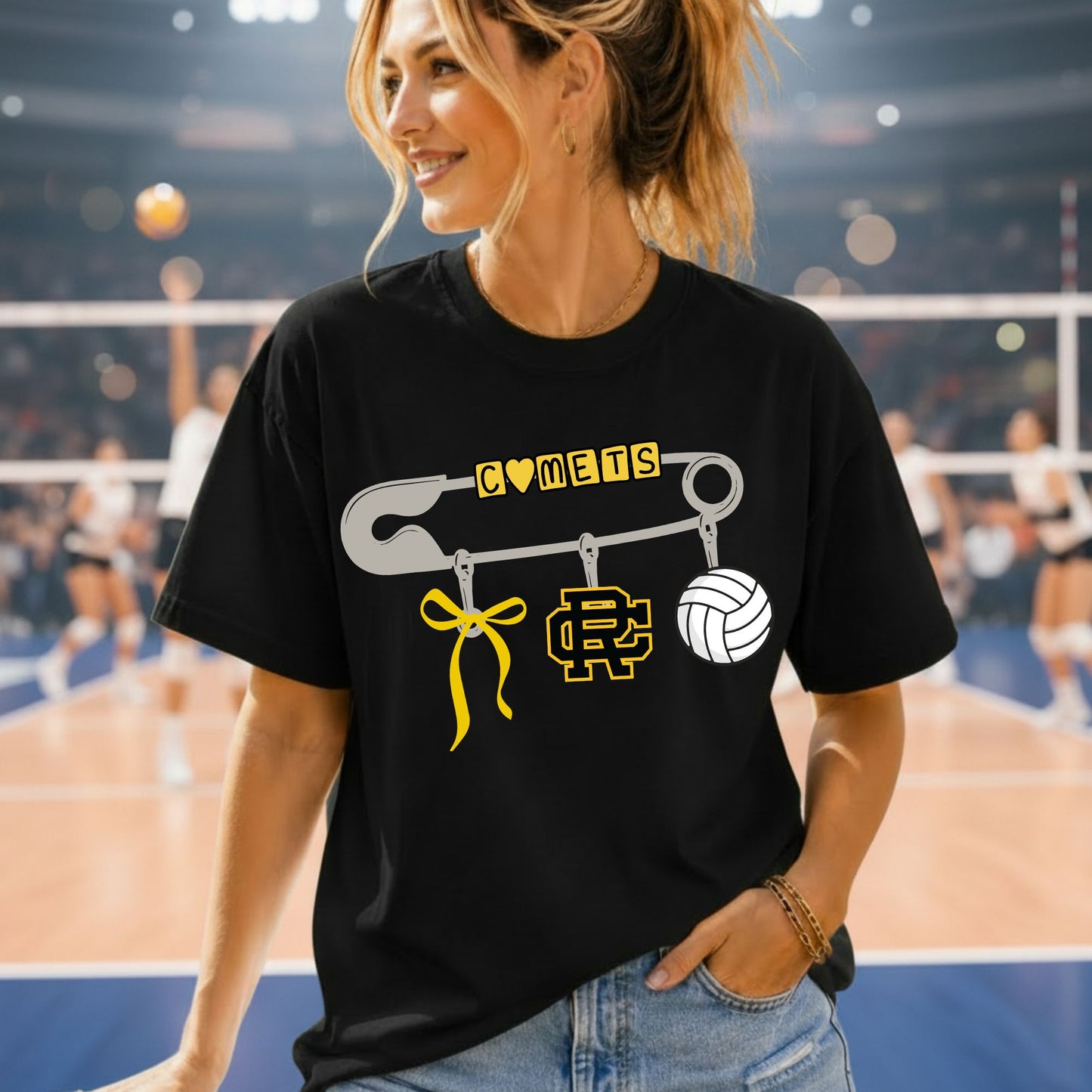 Comets Safety Pin Design - Black Gildan Tshirt -Choose from Football, Volleyball or Basketball