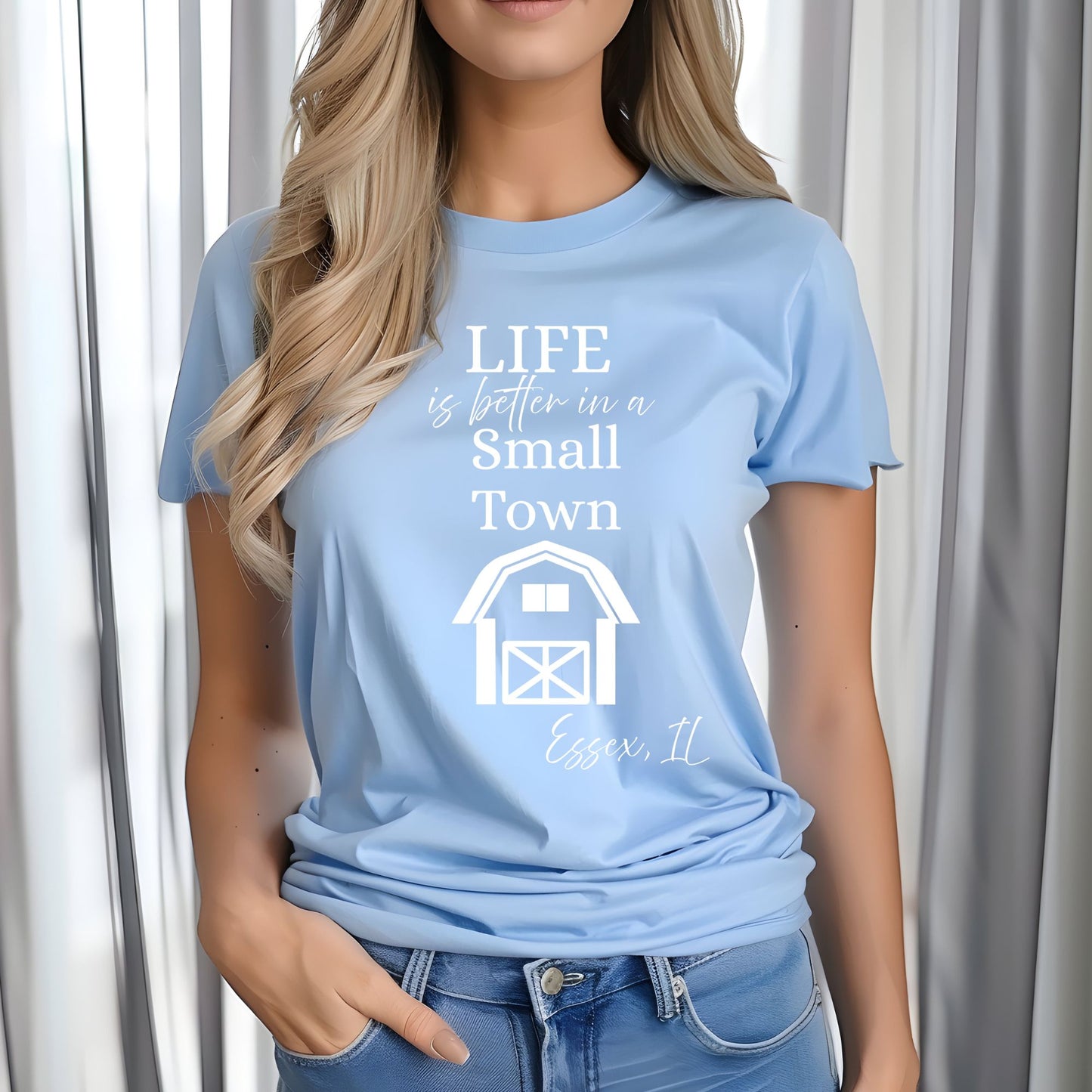 Essex Life in a Small Town Tshirt - All Sizes - Kid Sizes Included -Gildan - Carolina Blue, Safety Green OR White