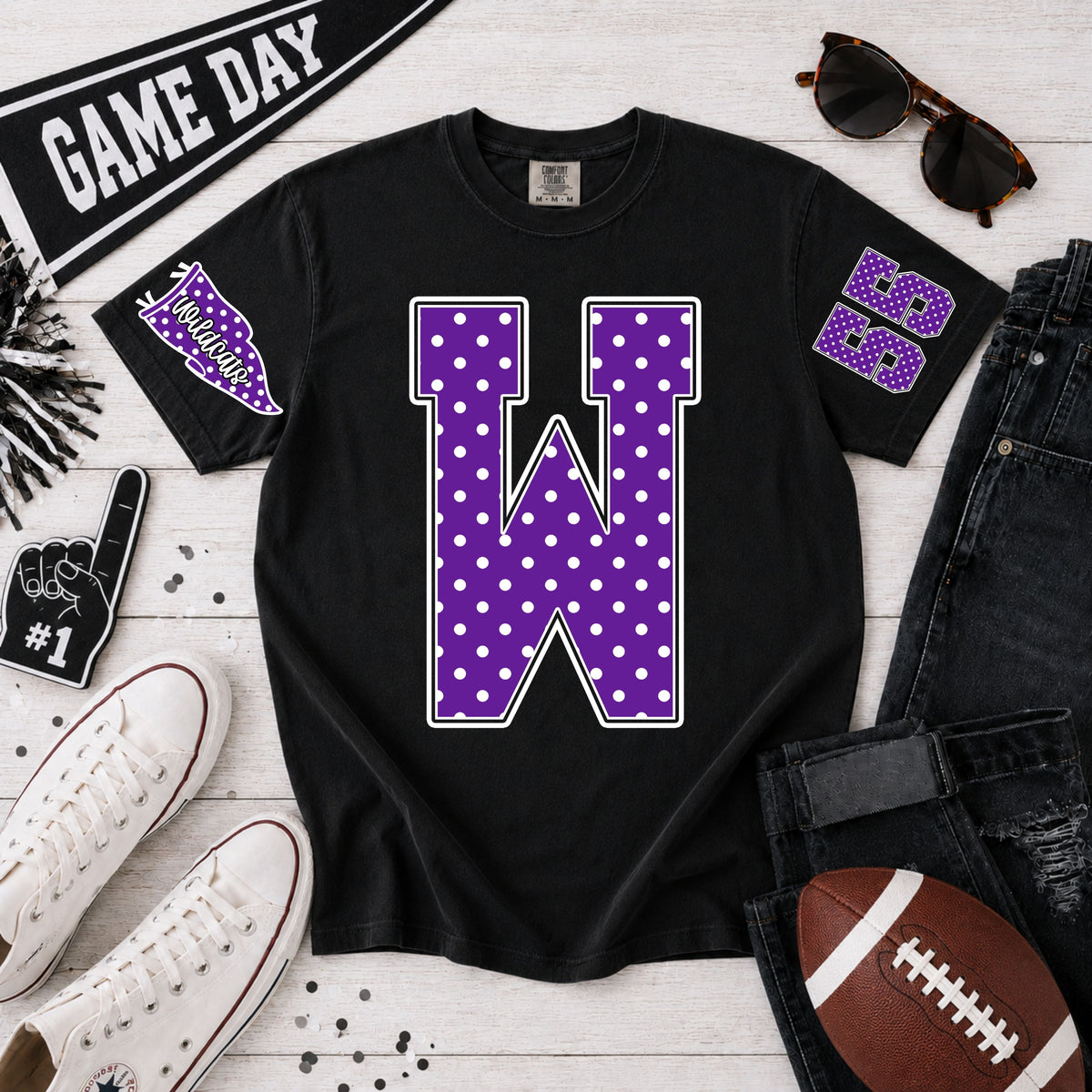Polka Dot Spiritwear - Custom School, Number and colors - Gildan black tshirt - Adult and Youth sizes