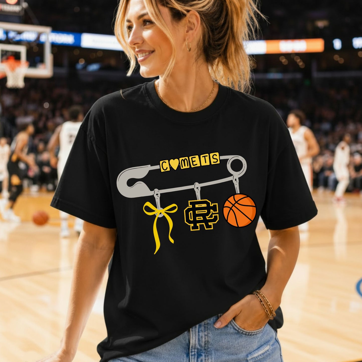 Comets Safety Pin Design - Black Gildan Tshirt -Choose from Football, Volleyball or Basketball