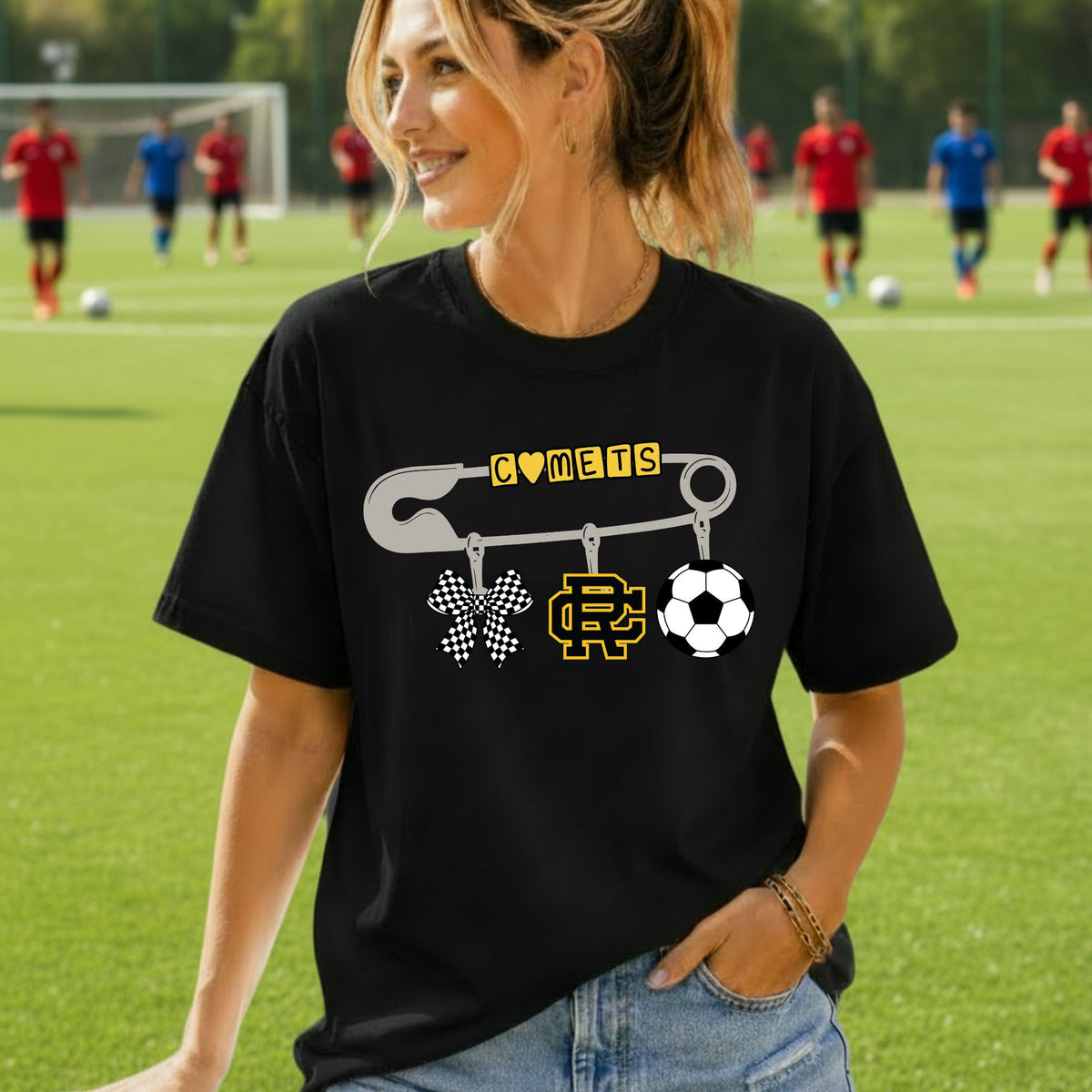 Comets Safety Pin Design - Black Gildan Tshirt -Choose from Football, Volleyball,  Basketball or Soccer