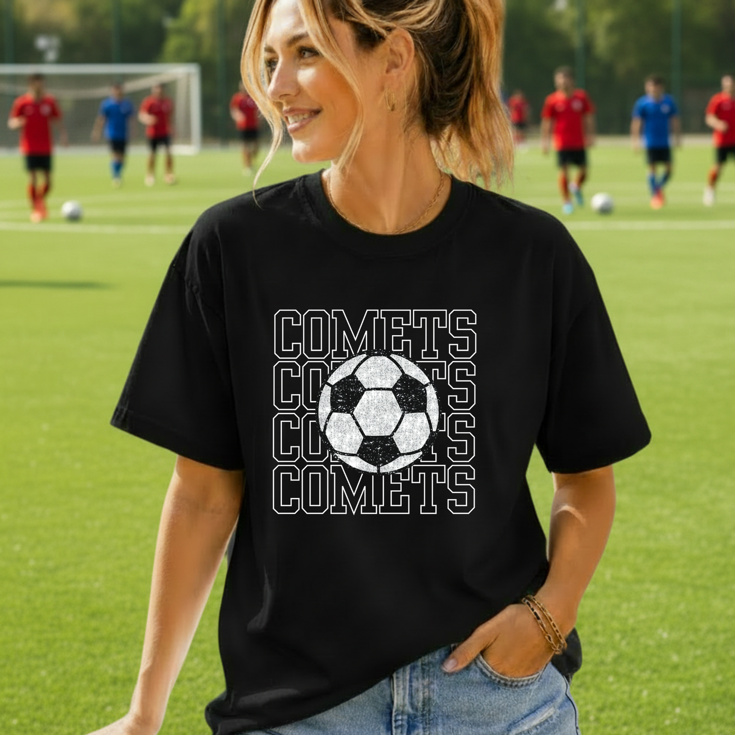 Faux Sparkle Football OR Soccer Comets SpiritWear - Black Gildan Tshirt