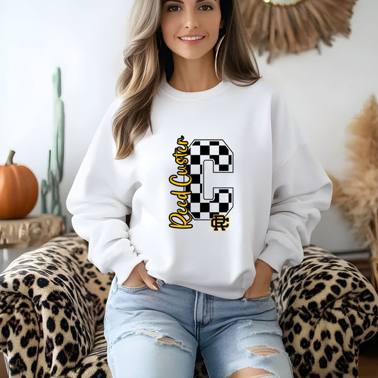 Reed Custer Checker Comets Spirit Wear - Sweatshirt or Tshirt - Gildan - Ash Gray, White or Sand