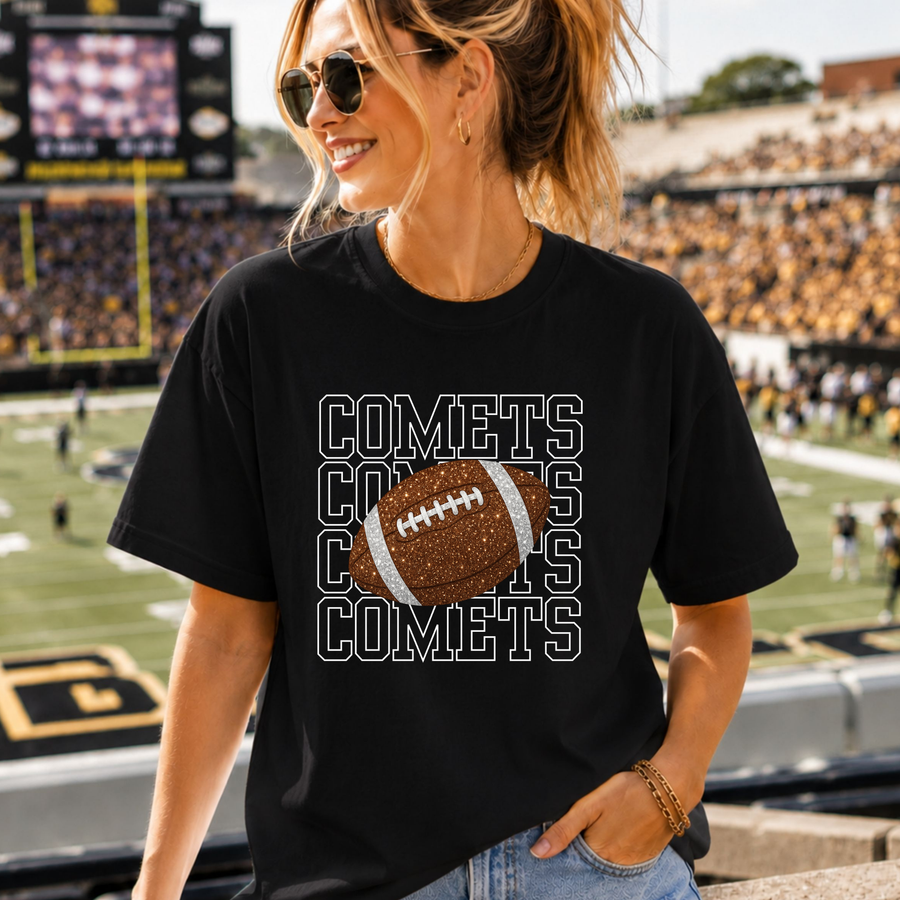 Faux Sparkle Football OR Soccer Comets SpiritWear - Black Gildan Tshirt