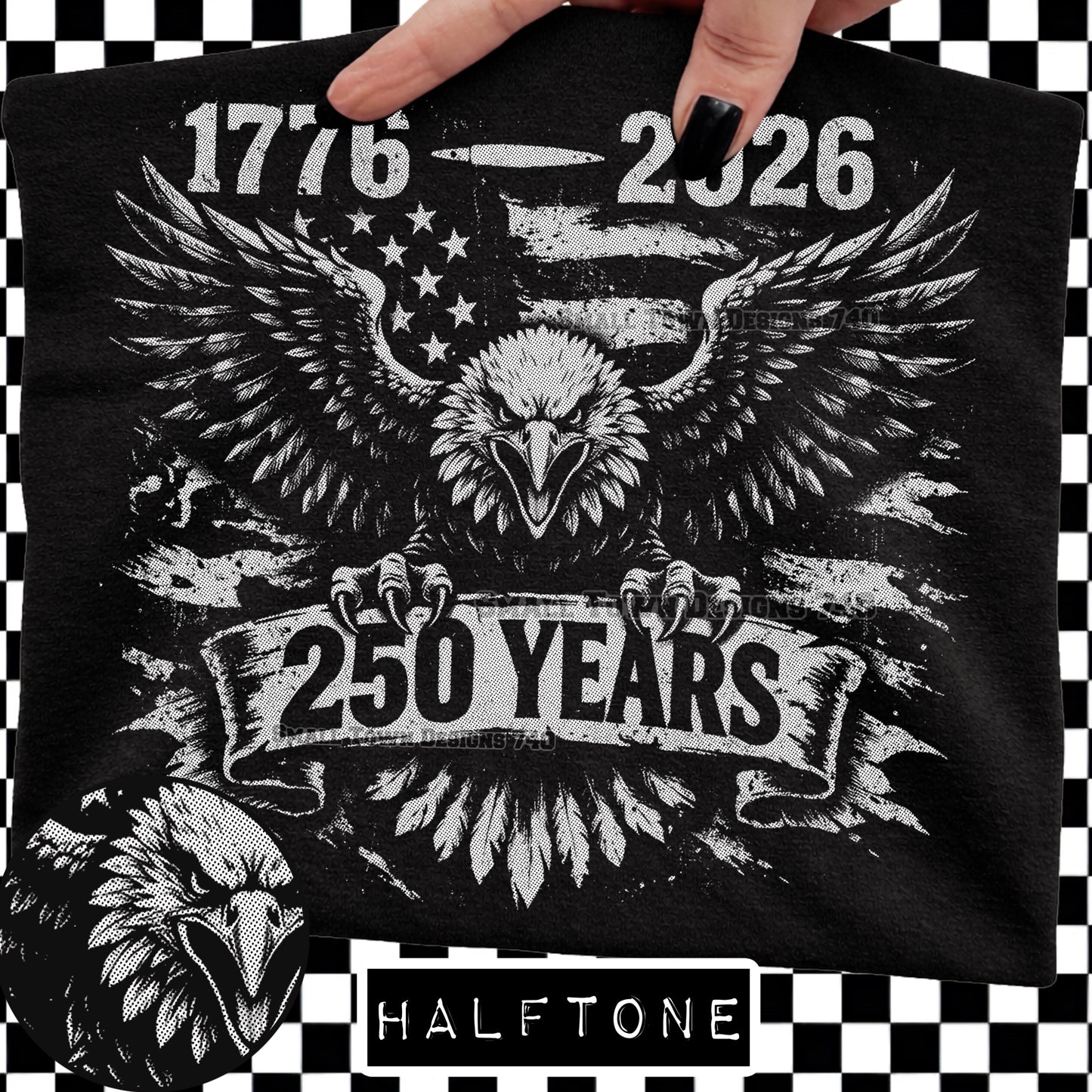 America 250 Years Halftone Design - Flag or Eagle - Black Gildan Tshirt - All Sizes!!