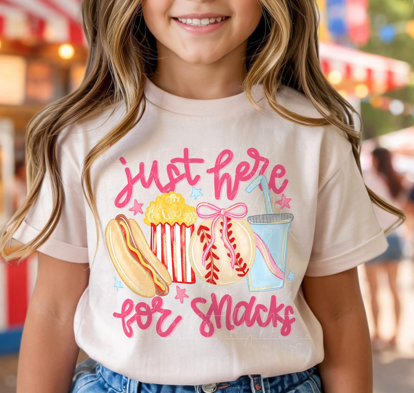 Baseball Just here for snacks - Pink or Blue - Gildan Off white tshirt - Adult and Youth!