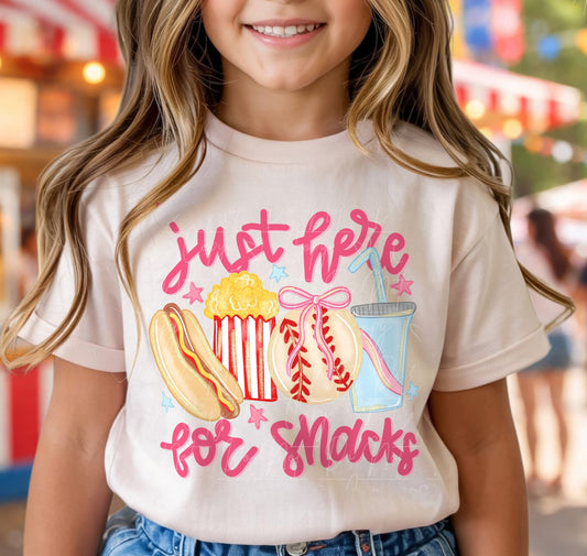 Baseball Just here for snacks - Pink or Blue - Gildan Off white tshirt - Adult and Youth!