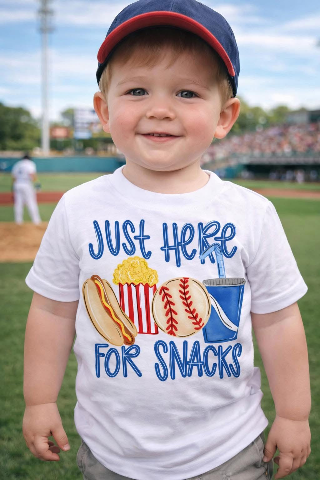 Baseball Just here for snacks - Pink or Blue - Gildan Off white tshirt - Adult and Youth!