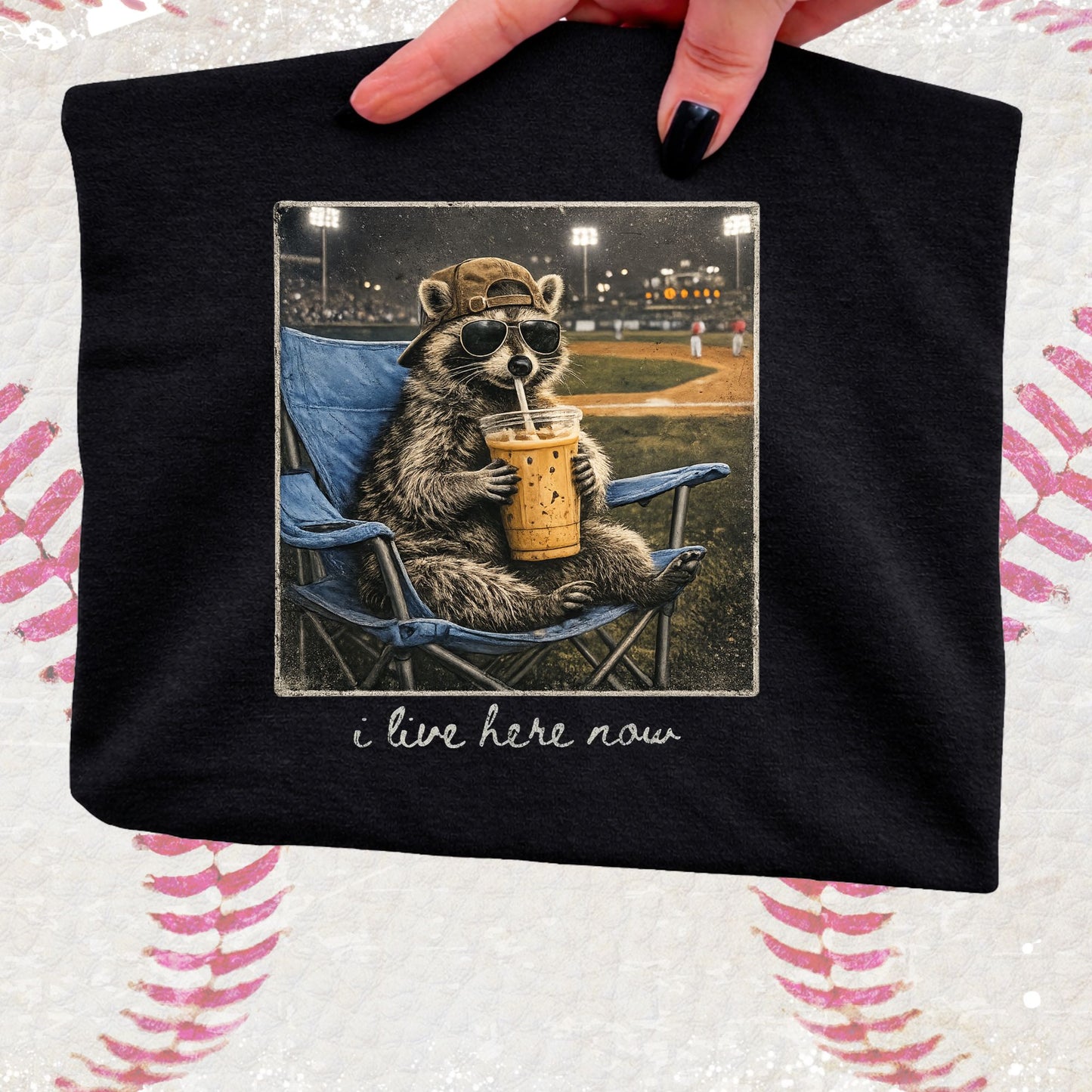 Black Gildan Tshirt - Racoon - I Live here Now Baseball Field