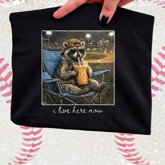 Black Gildan Tshirt - Racoon - I Live here Now Baseball Field