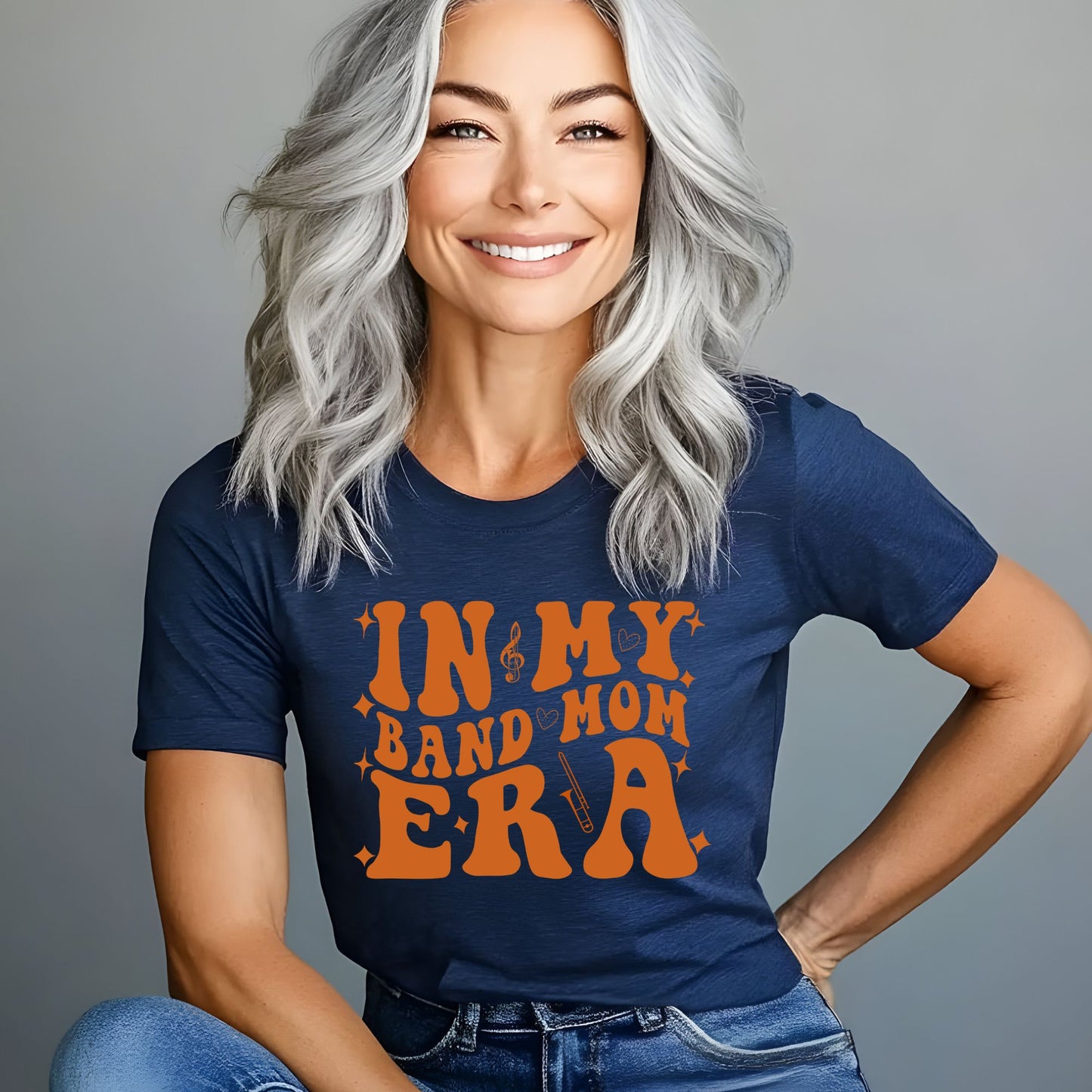 Navy Gildan Crewneck SweatShirt or Tshirt - Band Mom Era - Choose your instrument - Navy Blue and Orange - All Sizes