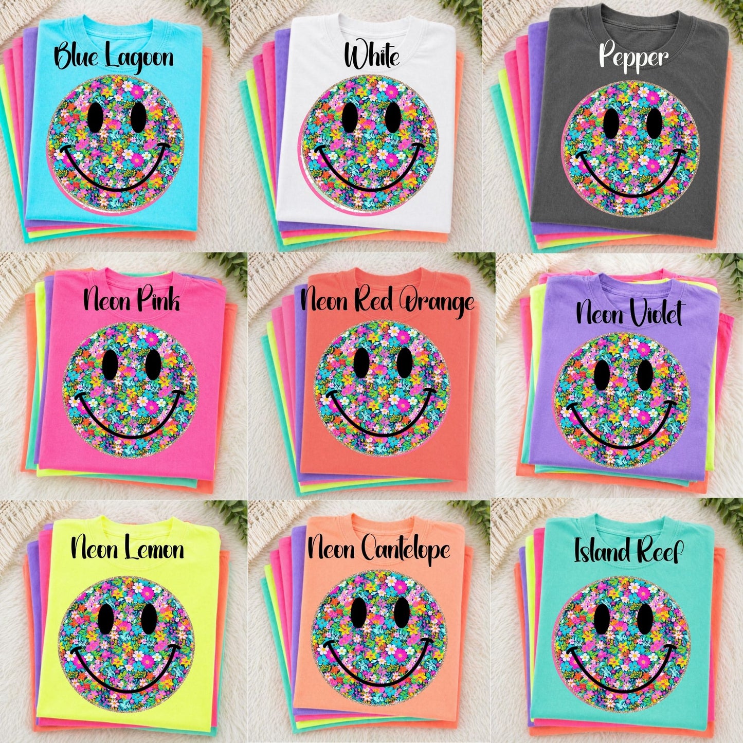 Neon Comfort Colors Smile Face Floral - Adult - Various Designs and Colors Available!!!