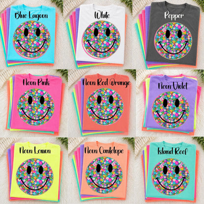 Neon Comfort Colors Smile Face Floral - Adult - Various Designs and Colors Available!!!