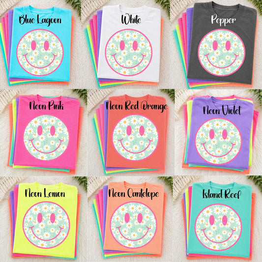 Neon Comfort Colors Smile Face Floral - Adult - Various Designs and Colors Available!!!