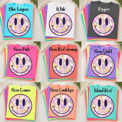 Neon Comfort Colors Smile Face Floral - Adult - Various Designs and Colors Available!!!