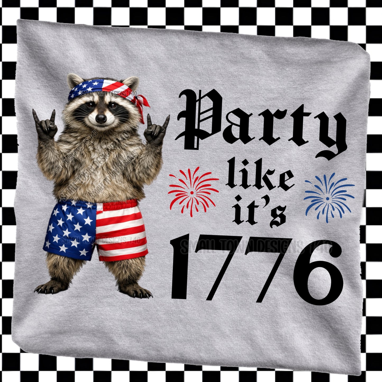 Raccoon - Party like it’s 1776 -Gray Gildan Tshirt - All Sizes!