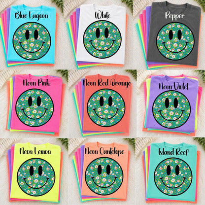 Neon Comfort Colors Smile Face Floral - Adult - Various Designs and Colors Available!!!