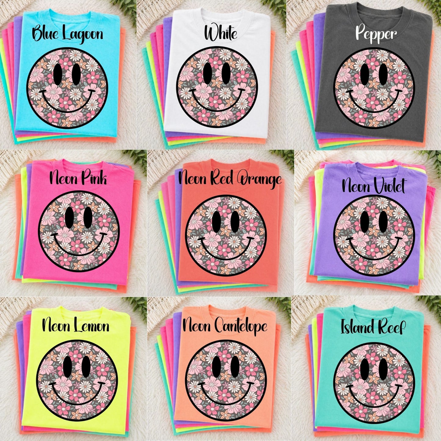Neon Comfort Colors Smile Face Floral - Adult - Various Designs and Colors Available!!!