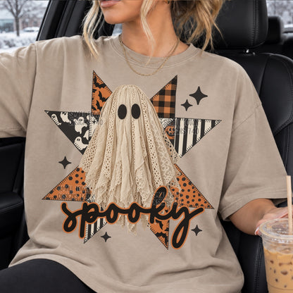 Spooky Lace Ghost - Quilt Star - Sand Gildan Tshirt - Adult and Youth Sizes