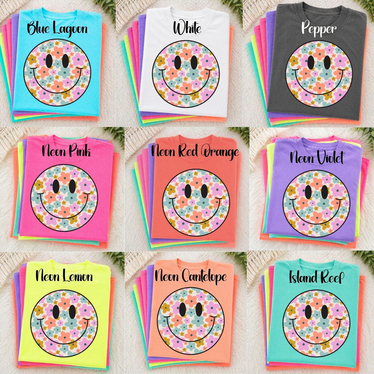 Neon Comfort Colors Smile Face Floral - Adult - Various Designs and Colors Available!!!