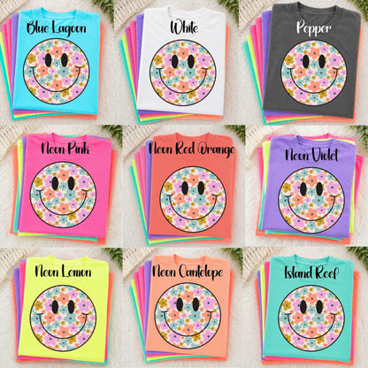 Neon Comfort Colors Smile Face Floral - Adult - Various Designs and Colors Available!!!
